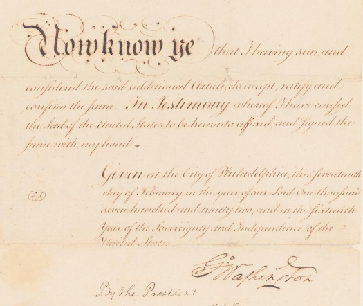 A Treaty page featuring George Washington's signature