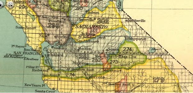 Historic map of California showing recognizable area and complex borders